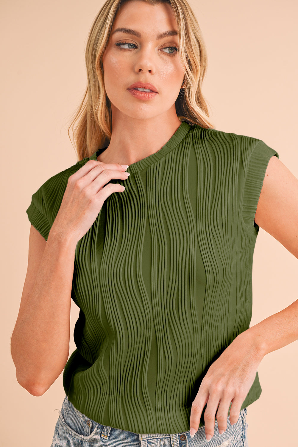 Jungle Green Wavy Textured Cap Sleeve Top