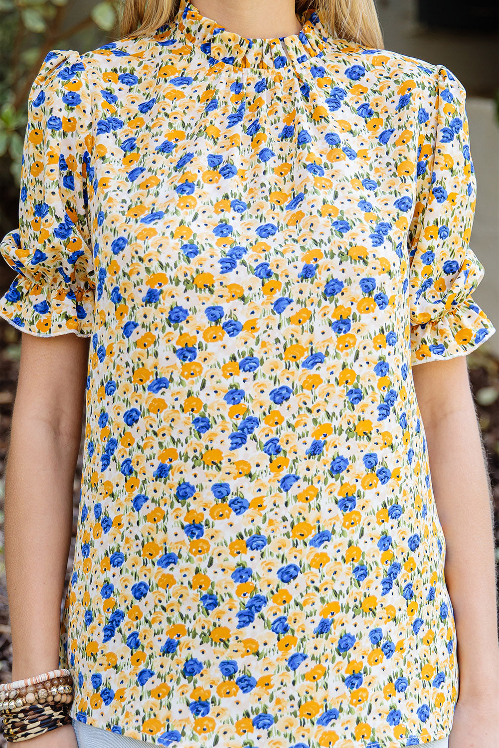 Yellow Floral Boho Frill Mock Neck Blouse