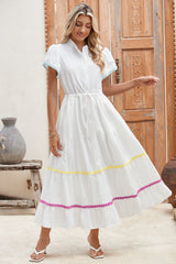 White High Waist Short Sleeve Tiered Shirt Dress