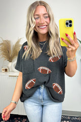 Carbon Grey Corded Knit Sequin Rugby Graphic Pocket Tee