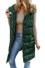 Green Hooded Pocketed Quilted Long Vest Coat