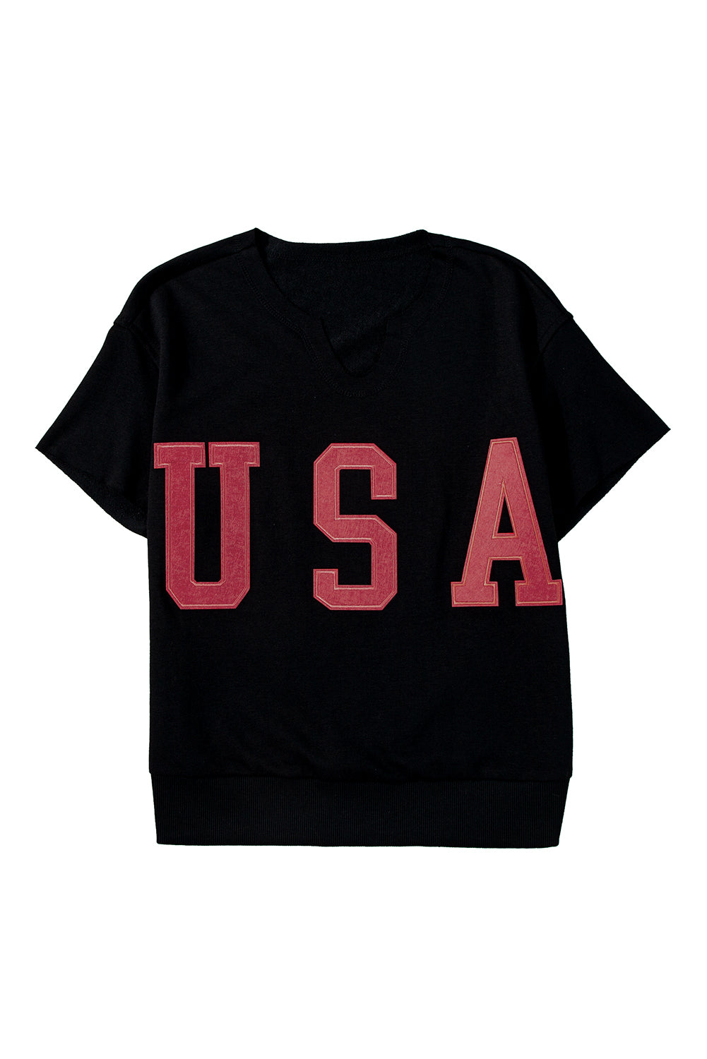 Black USA Lettering Patch Notched Neck Loose Tee