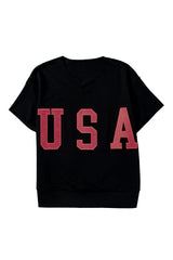 Black USA Lettering Patch Notched Neck Loose Tee