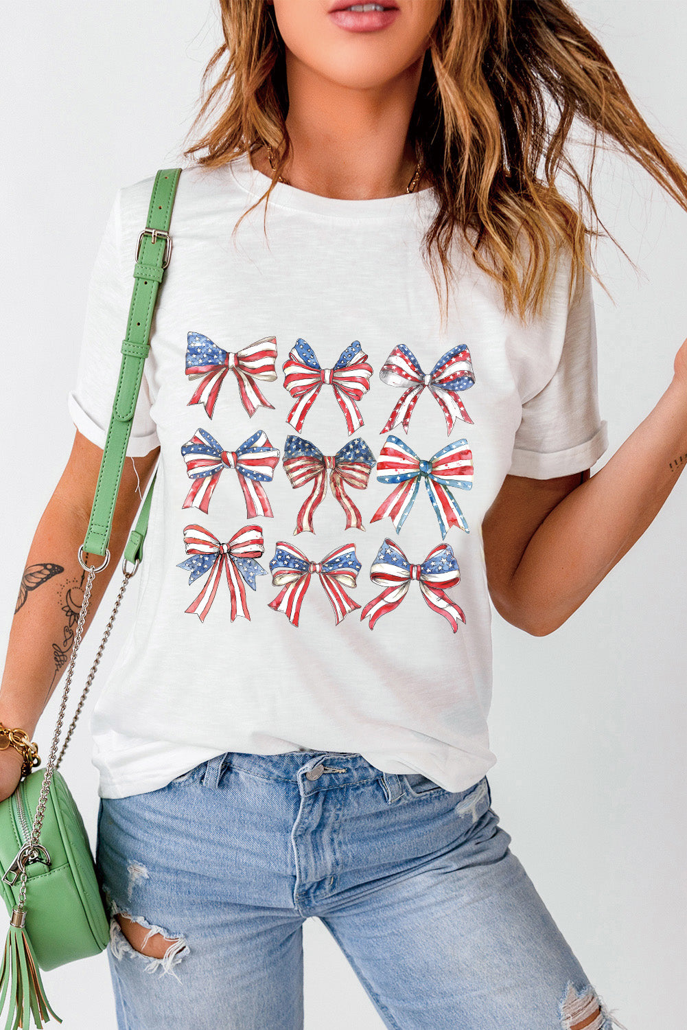 White American Flag Bow Knot Graphic Crew Neck Tee