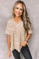 Apricot Leopard Print V Neck Loose T Shirt