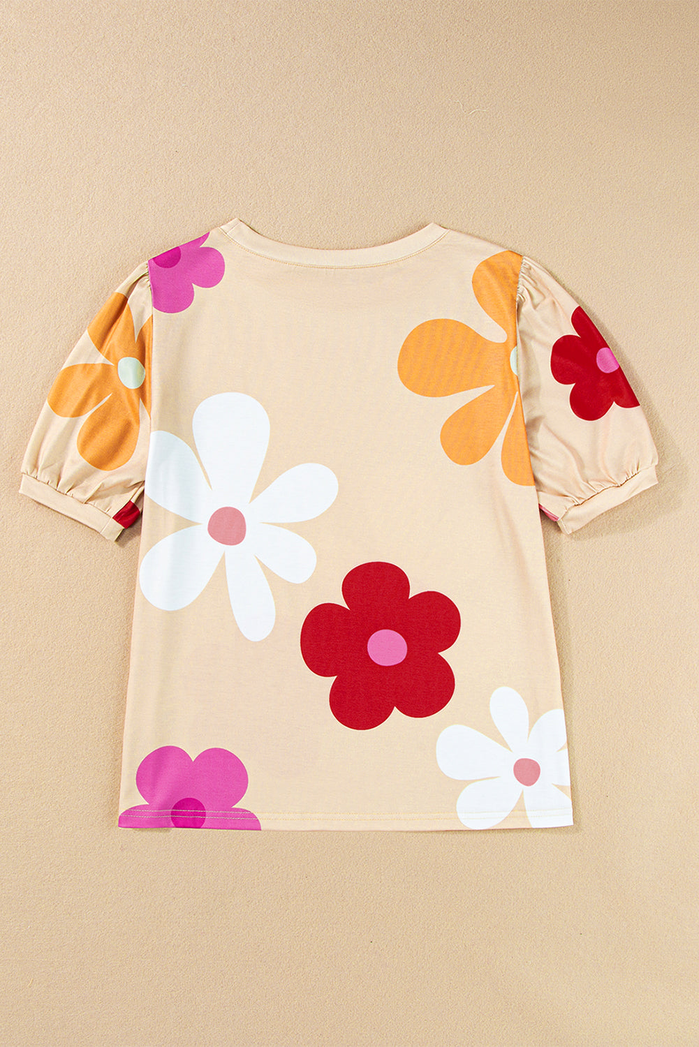 Apricot Colorful Flower Print Bubble Sleeve Tee