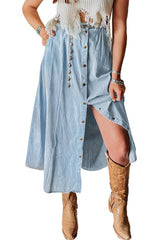 Mist Blue Fully Buttoned Long Denim Skirt