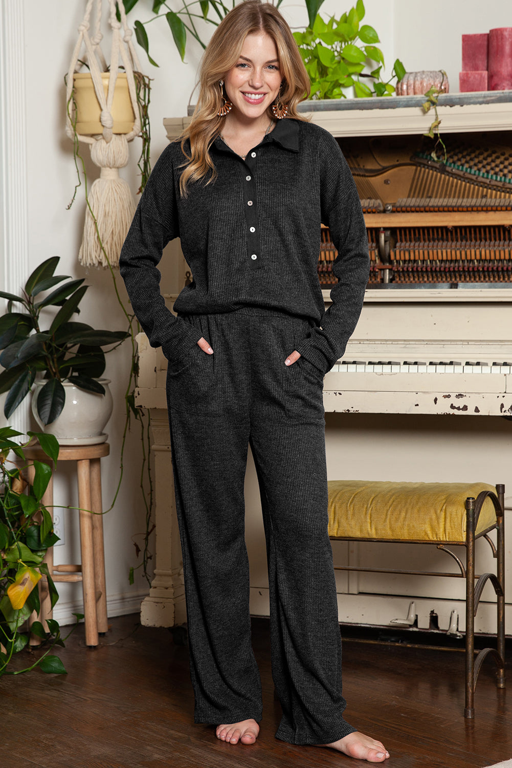 Black Ribbed Henley Shirt and Wide Leg Pants Loungewear Set