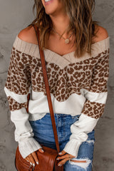 Cheetah Color Block Rib Trim Off Shoulder Pullover Sweater