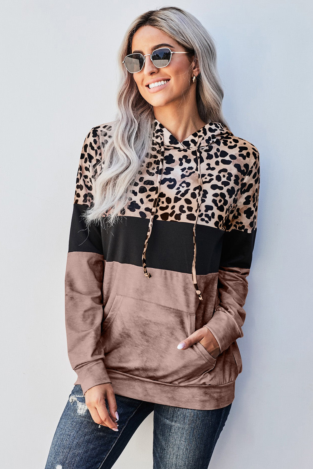 Colorblock Leopard Print Kangaroo Pocket Drawstring Pullover Hoodie