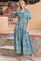 Sky Blue Paisley Print Split V Neck Tiered Boho Maxi Dress