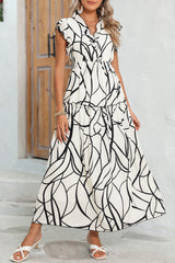 White Abstract Print V Neck Ruffle Maxi Dress