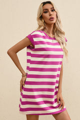 Rose Stripe Cap Sleeve Pocketed T-shirt Dress