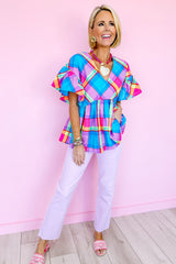 Sky Blue Colorful Plaid V Neck Ruffled Babydoll Blouse