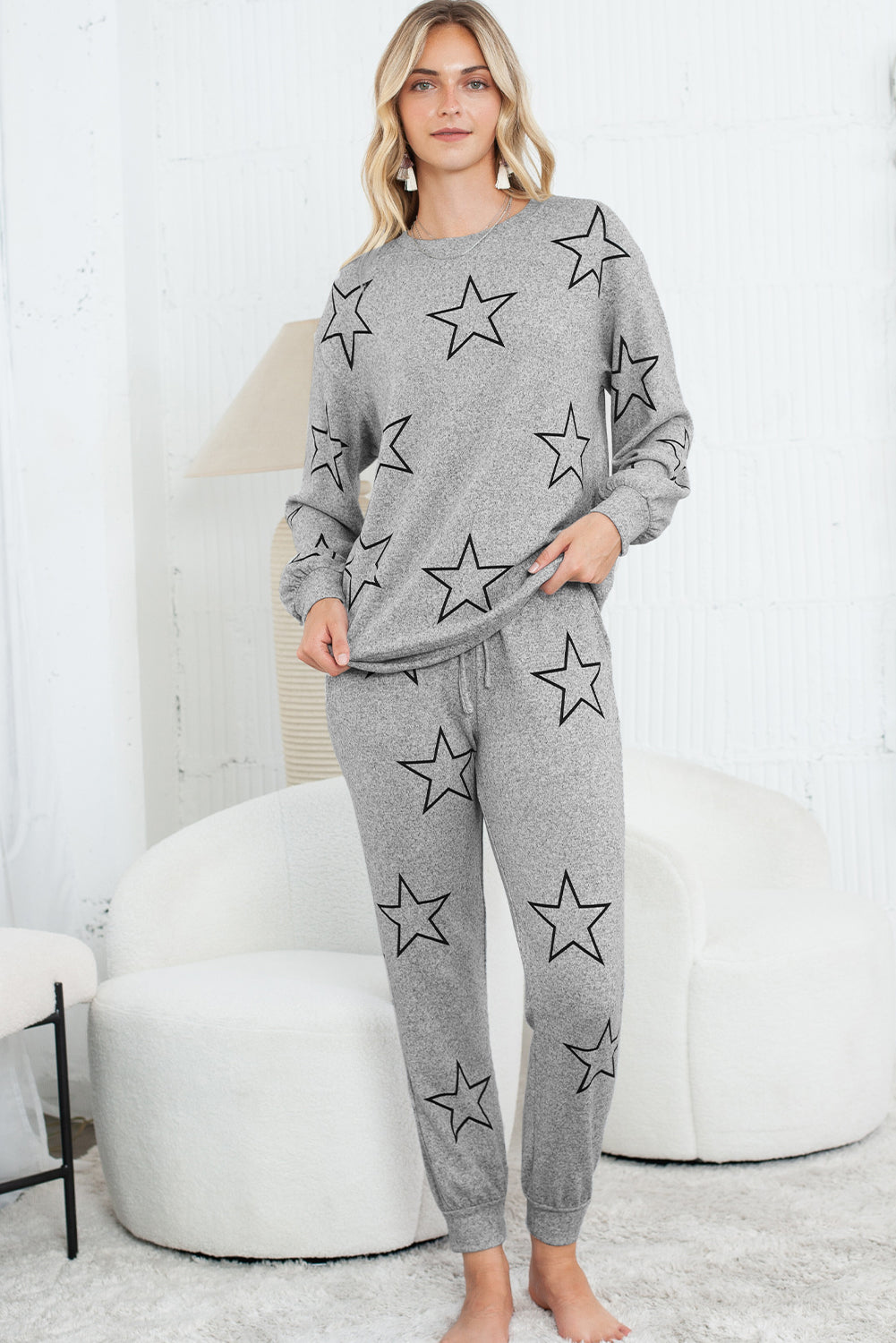 Gray Stars Print Long Sleeve Top and Drawstring Pants Set