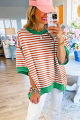 Orange Striped Contrast Trim Drop Sleeve Loose Top