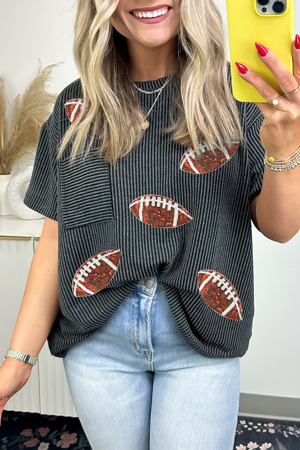 Carbon Grey Corded Knit Sequin Rugby Graphic Pocket Tee