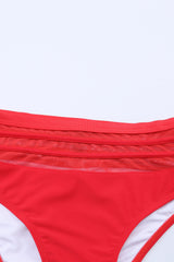 Red Scalloped Trim Criss Cross Contrast Mesh Two Piece Swimsuit