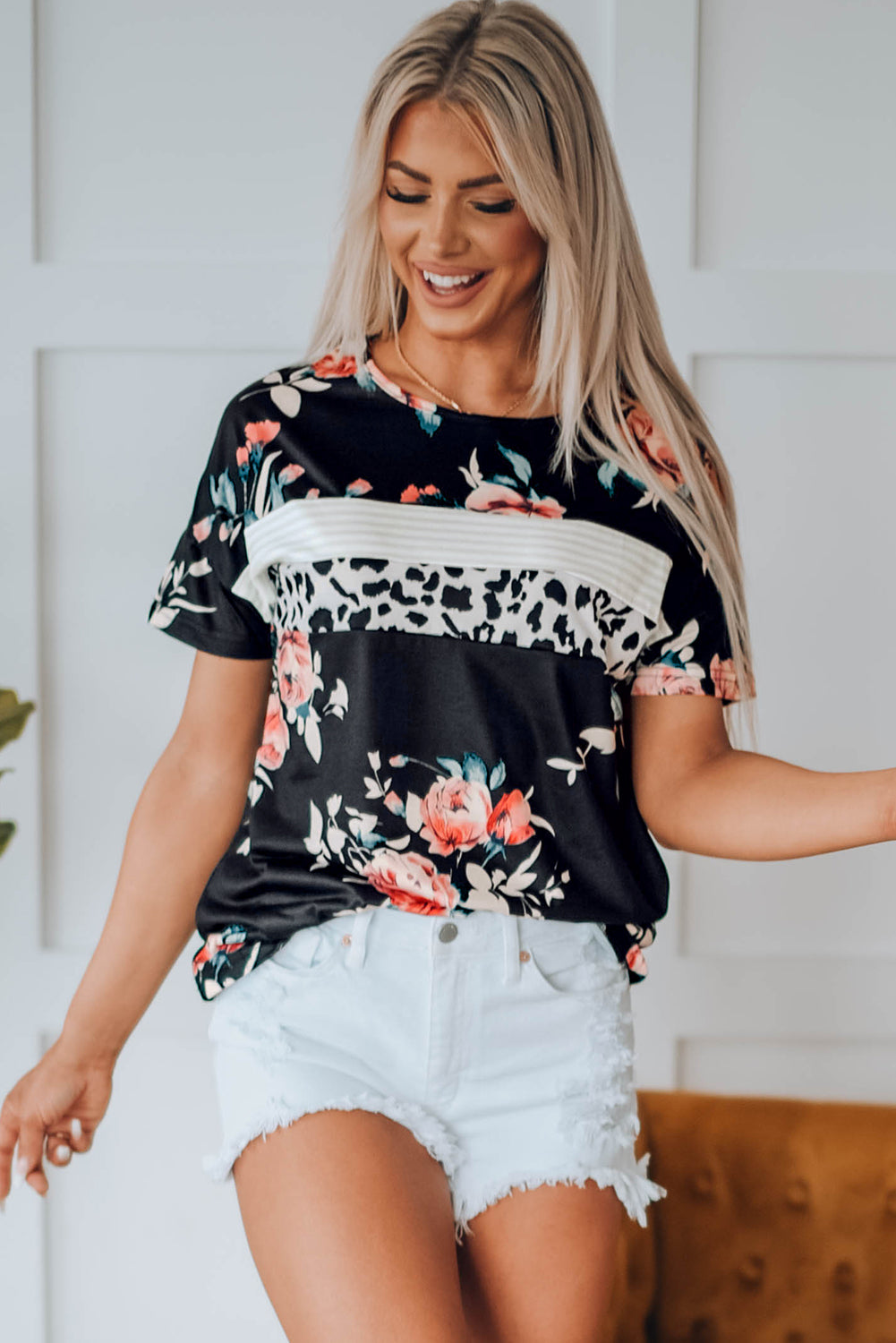 Black Floral and Leopard Print Short Sleeve Summer Top