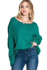 Green Solid Color Drop Shoulder Knitted Pullover Sweater