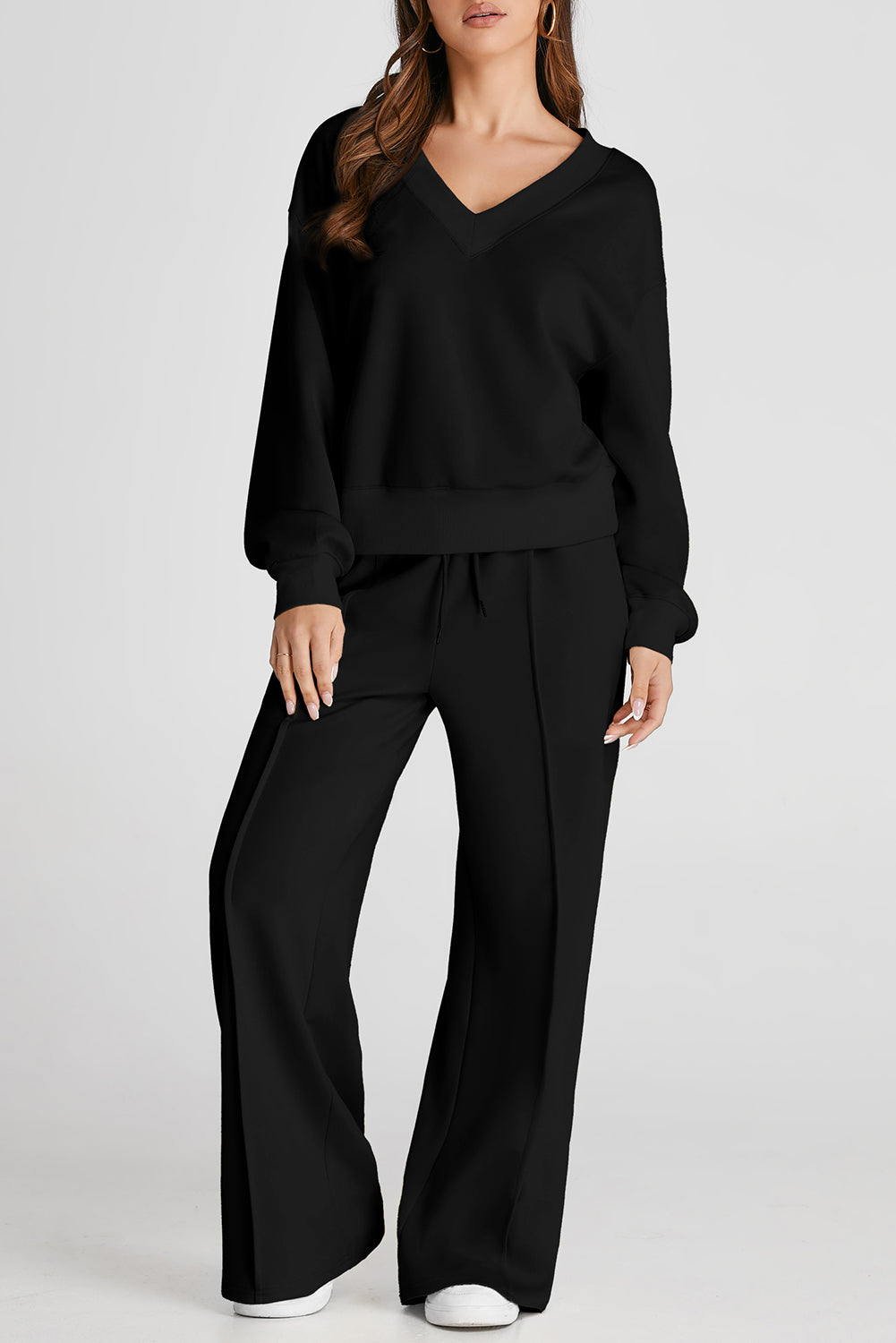 Black V Neck Cropped Sweatshirt & Seamed High Waist Pants Set