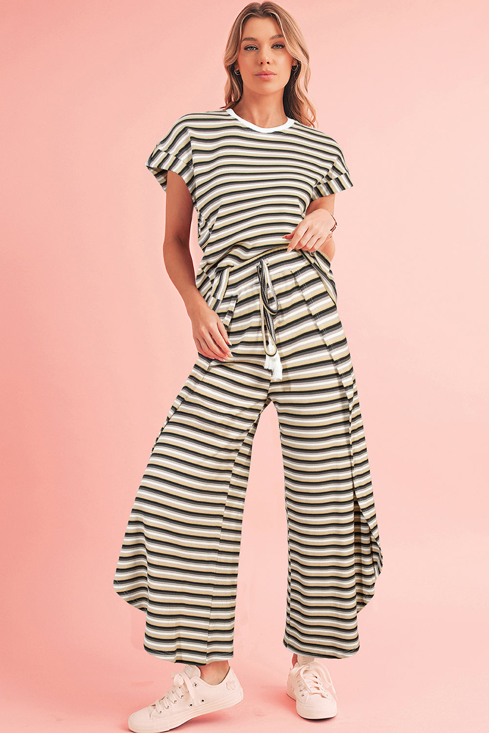 Black Stripe Rainbow Tee and Tassel Drawstring Wide Leg Pants Set