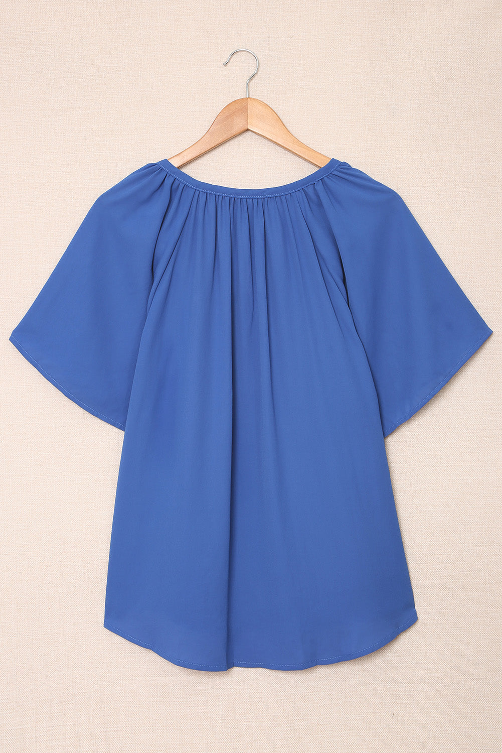 Blue Casual Split Neck Pleated Loose Short Sleeve Blouse