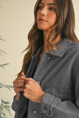 Blue Stripe Washed Oversized Pocketed Denim Jacket