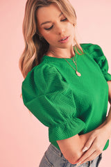 Dark Green Ruffle Puff Sleeve Textured Plain Top