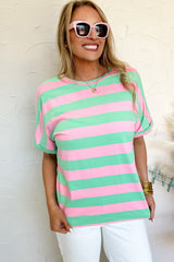 Pink Stripe Colorblock Cuffed Sleeve Loose Tee