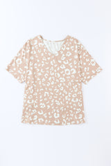 Apricot Leopard Print V Neck Loose T Shirt