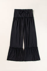 Black Frill Detail Drawstring High Waist Wide Leg Pants