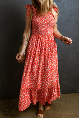 Red Boho Floral Bowknot Straps Smocked Bodice Long Dress