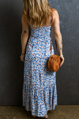 Sky Blue Floral Print Spaghetti Strap Ruffled Ruched Maxi Dress