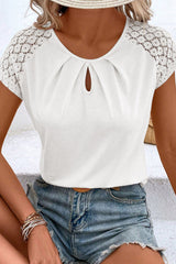 White Contrast Lace Sleeve Keyhole Neck Pleated T Shirt