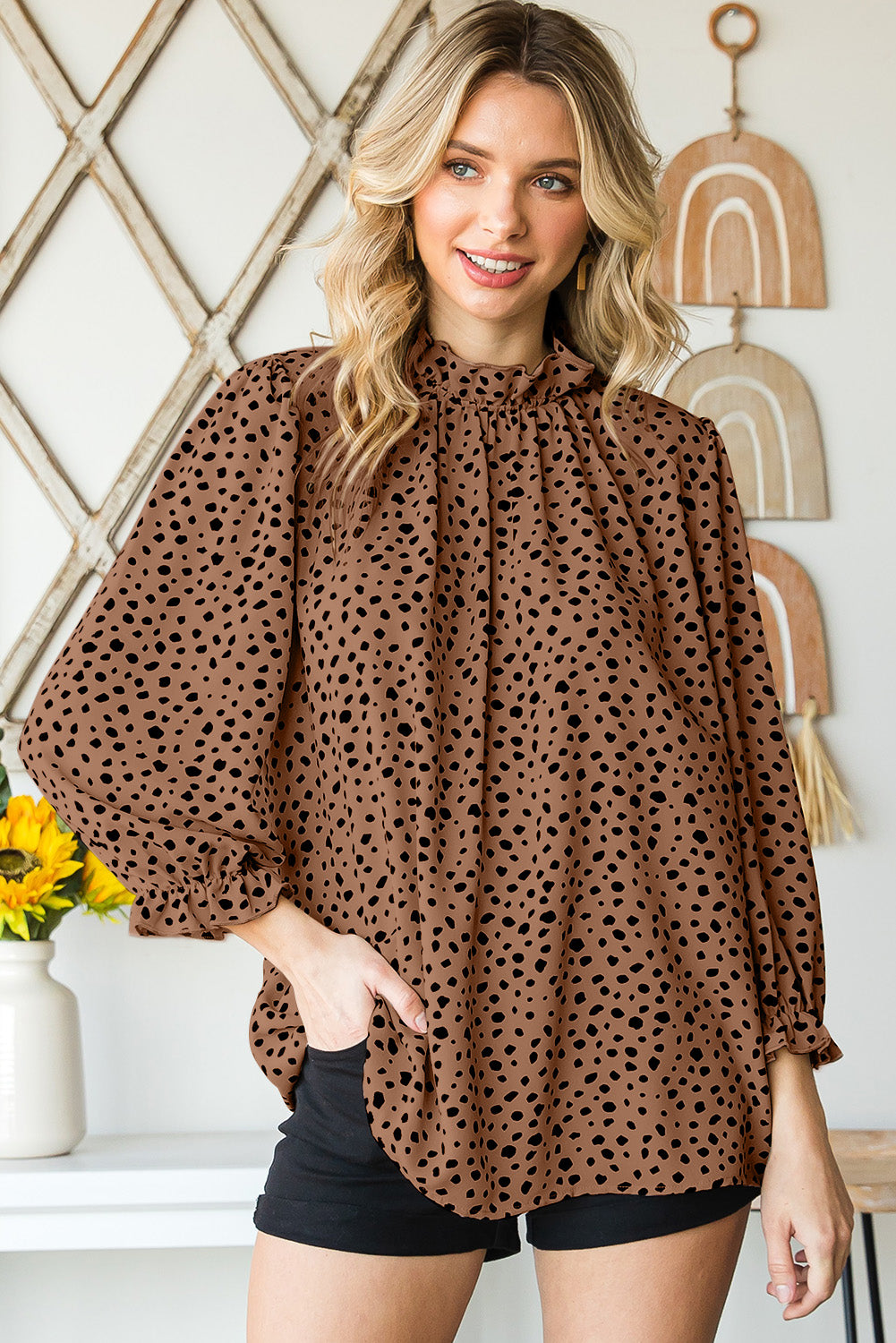 Brown Leopard Print Frill Neck 3/4 Sleeves Blouse