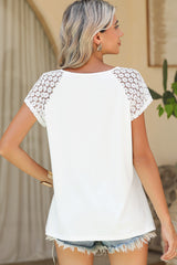 White Contrast Lace Sleeve Keyhole Neck Pleated T Shirt