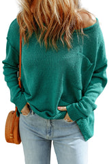 Green Solid Color Drop Shoulder Knitted Pullover Sweater