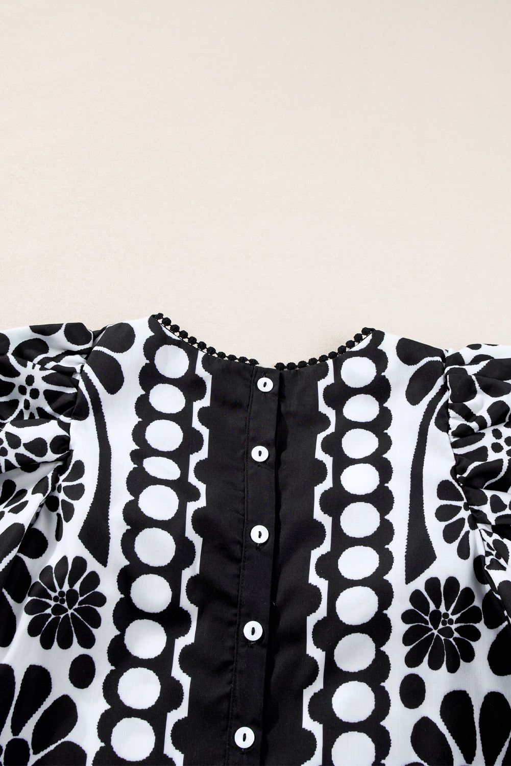 Black Floral Print Button-up Puff Sleeve Blouse