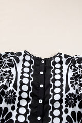 Black Floral Print Button-up Puff Sleeve Blouse