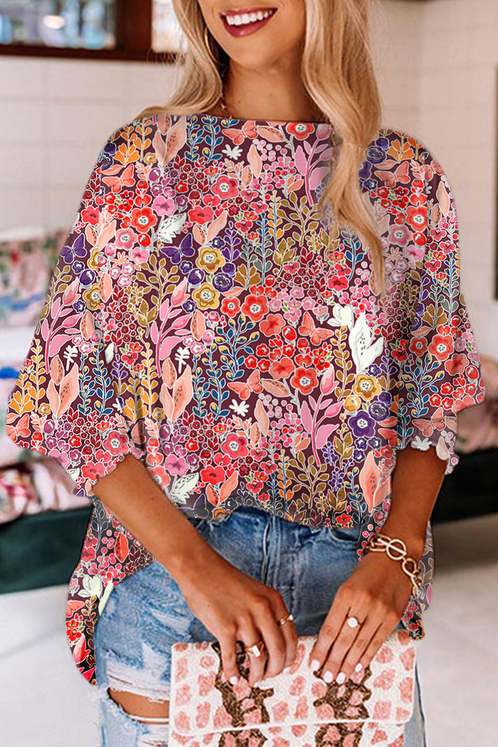 Multicolor Floral Print 3/4 Sleeve Boat Neck Top