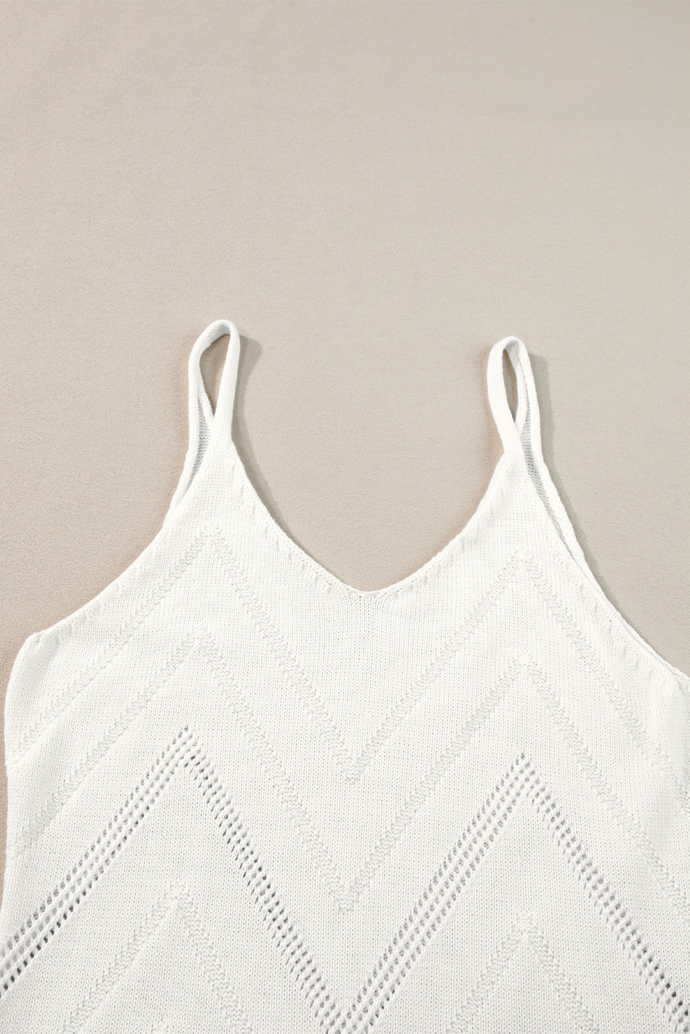 White Chevron Pointelle Knit V Neck Cami Top