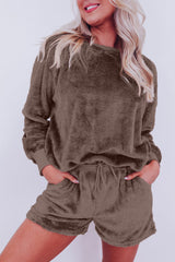 Coffee Solid Loose Fit High Waist Fleece Loungewear Set