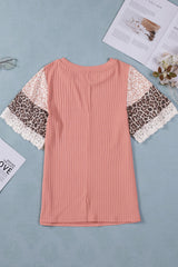 Pink Rib-Knit Leopard Lace Splicing Sleeve Patchwork Summer Top