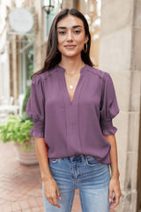 Purple Solid Color Half Sleeve Shirred V Neck Blouse