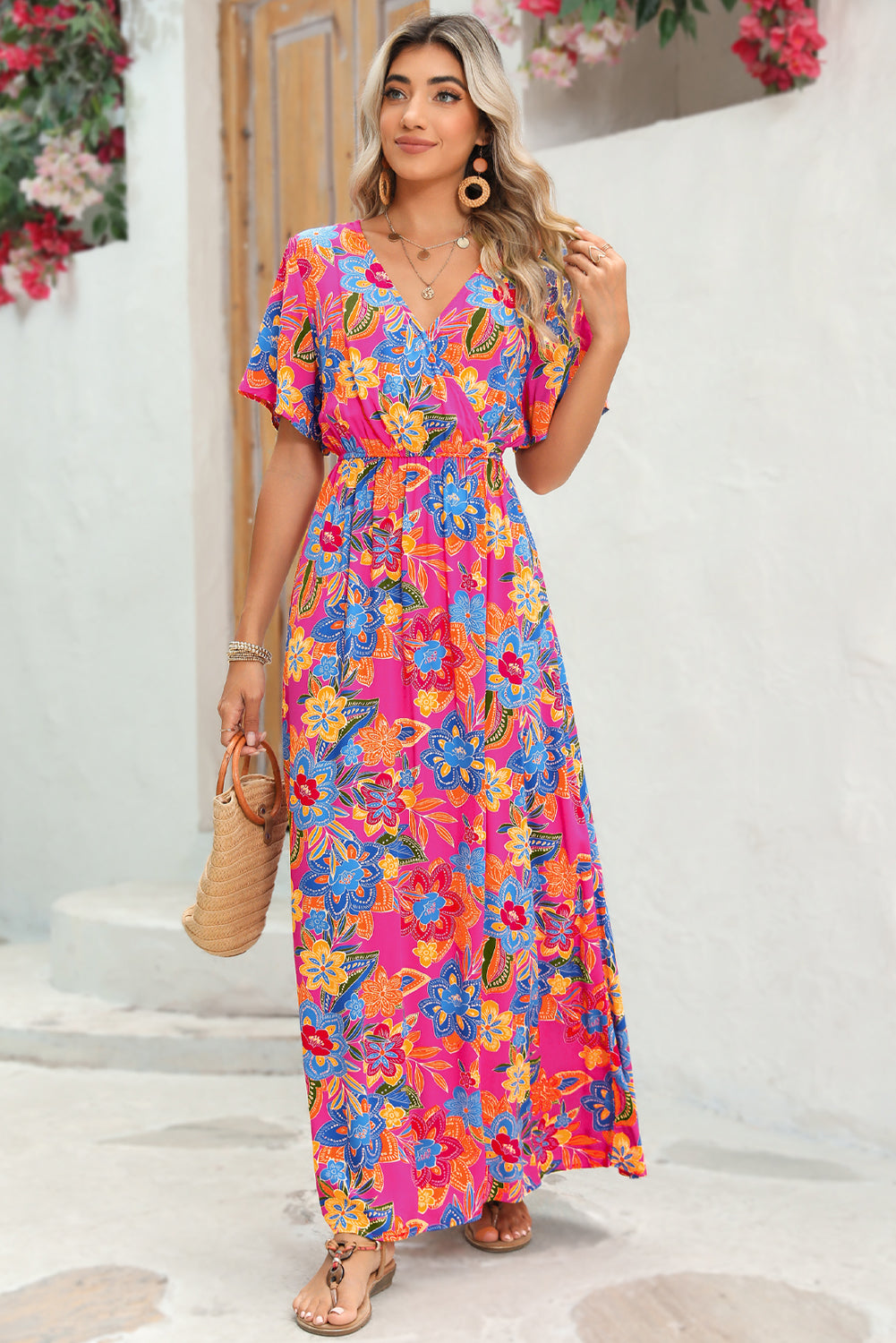 Rose Boho Abstract Print V Neck Short Sleeve Maxi Wrap Dress