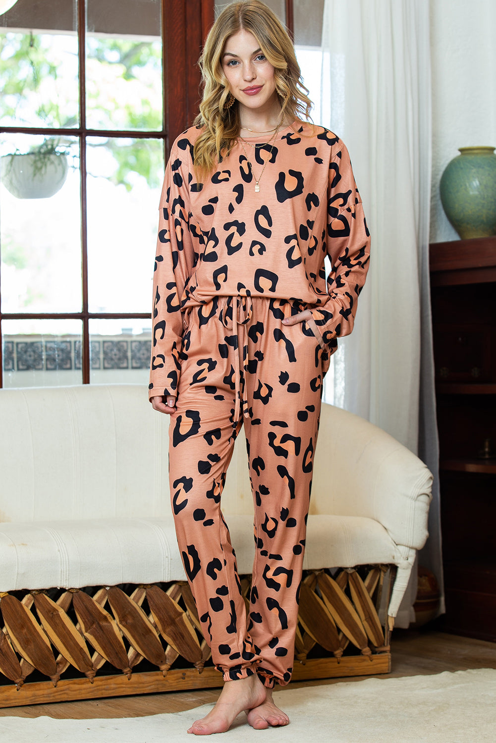 Apricot Pink Leopard Print Long Sleeve Top and Drawstring Pants Set