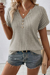 Parchment Ribbed Notched V Neck Button Decor T shirt