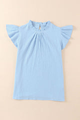 Light Blue Crinkled Ruffle Casual Short Sleeve Blouse