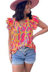 Orange Abstract Print V Neck Ruffled Sleeve Blouse